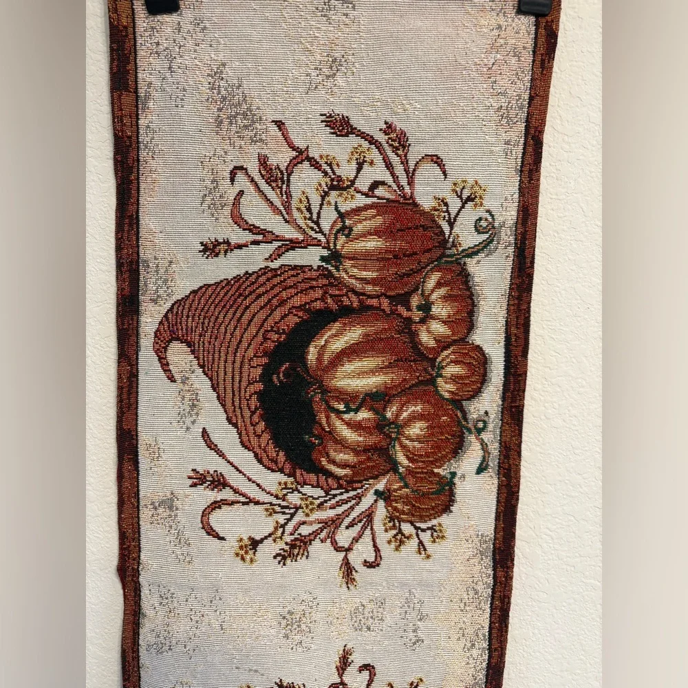 Fall Tapestry Table Runner Pumpkins and Cornucopias. Festive table setting. PO